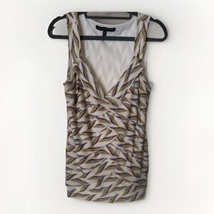 White House Black Market Vneck Strap Top size M Grey And & Yellow Print Lined